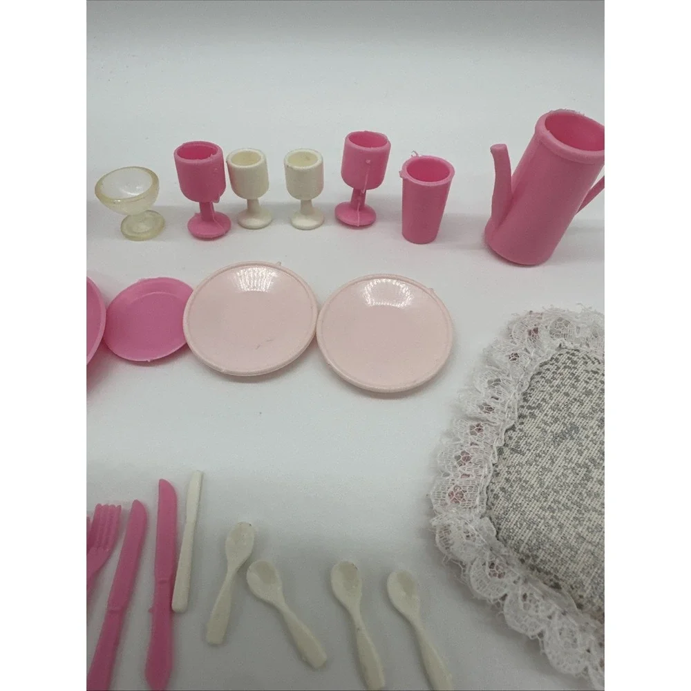 Vintage 1984 Barbie Sweet Roses Mirrored Dining Table Set Accessories Lot Mattel